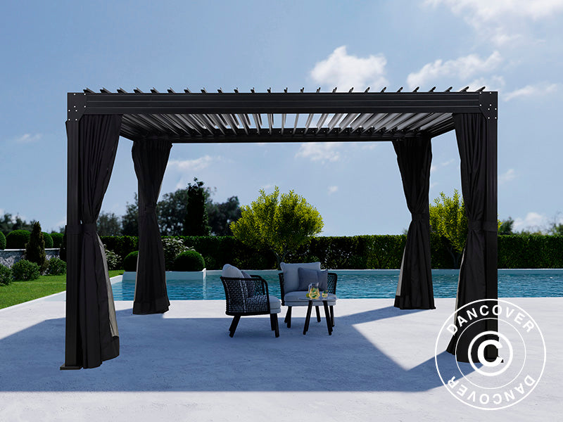 Bioklimatisk pergola pavillon Monterey, 3x4m, m/sidevægge og myggenet, Sort