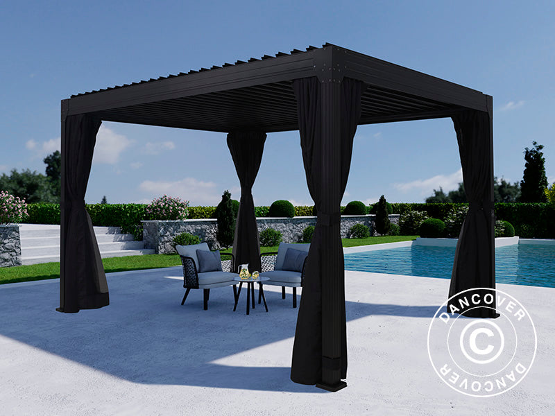 Bioklimatisk pergola pavillon Monterey, 3x4m, m/sidevægge og myggenet, Sort