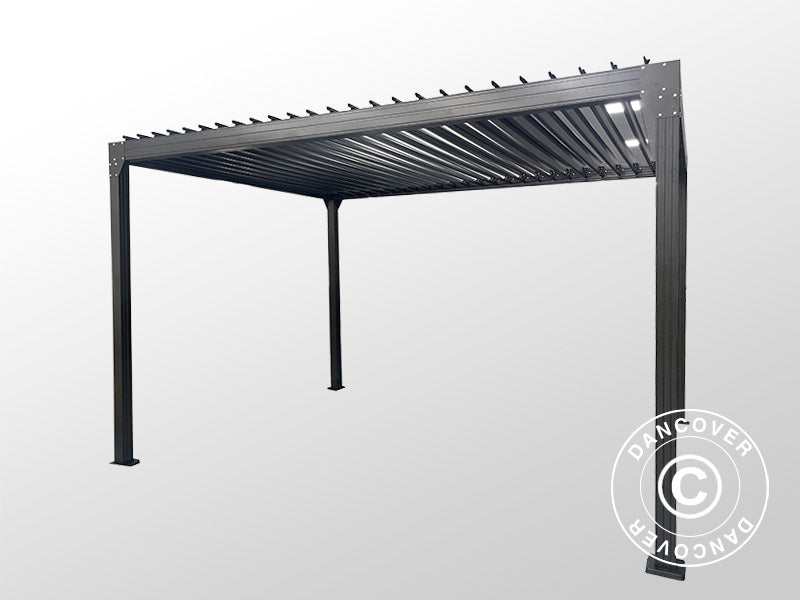 Bioklimatisk pergola pavillon Monterey, 3x4m, m/sidevægge og myggenet, Sort