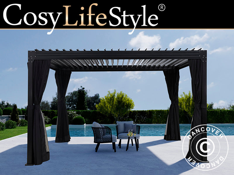 Bioklimatisk pergola pavillon Monterey, 3x4m, m/sidevægge og myggenet, Sort