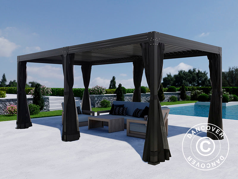 Bioklimatisk pergola pavillon Monterey, 3x6m, m/sidevægge og myggenet, Sort