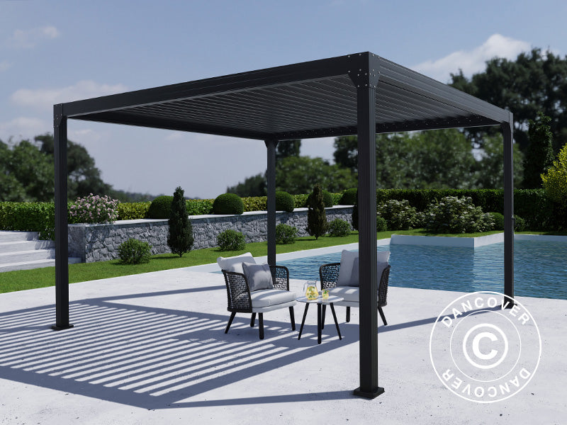 Bioklimatisk pergola pavillon Monterey, 4x4m, m/sidevægge og myggenet, Sort