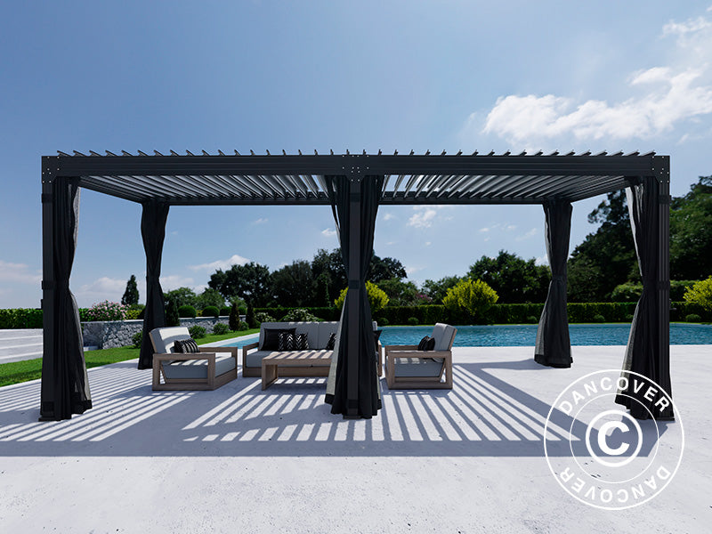 Bioklimatisk pergola pavillon Monterey, 4x6m, m/sidevægge og myggenet, Sort