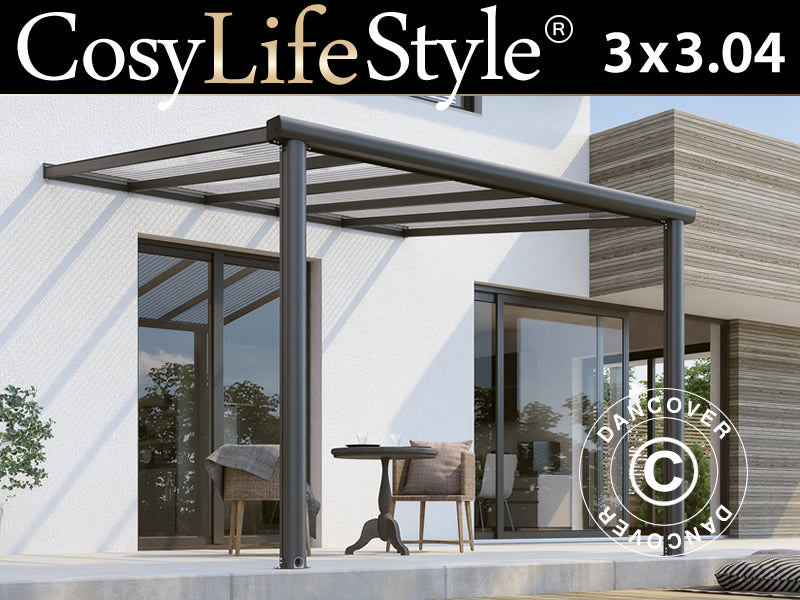 Terrasseoverdækning Compact m/polycarbonattag, 3x3,04m, Antracit