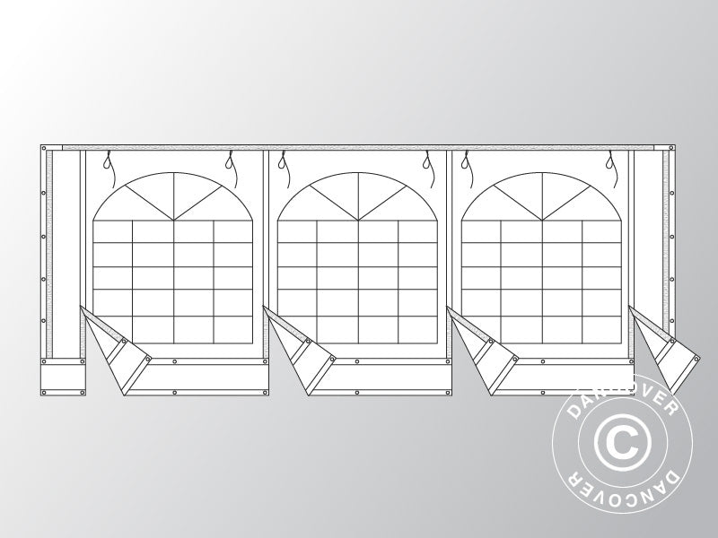 Endevæg m/stort vindue og bred dør, 6m, brandhæmmende, PVC, Hvid/Grå