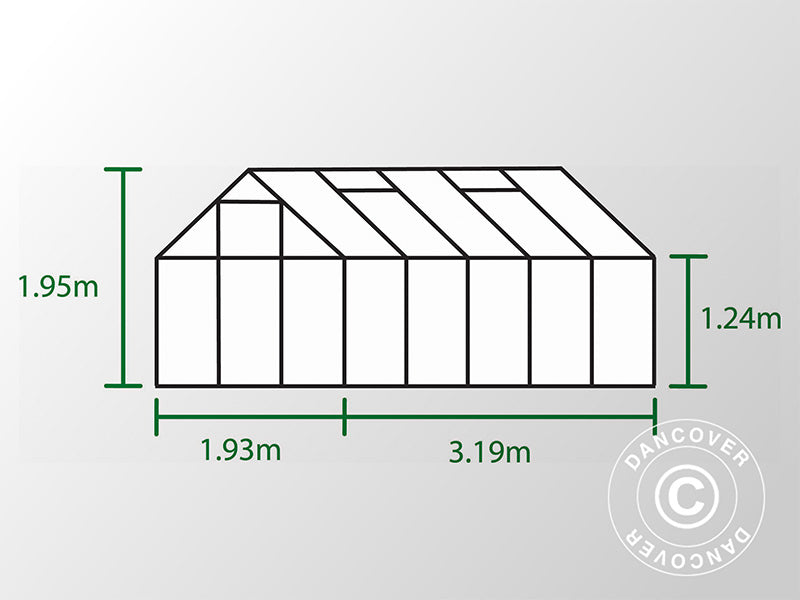 Drivhus polycarbonat Halls Popular 6,2m², 1,93x3,19x1,95m, Aluminium