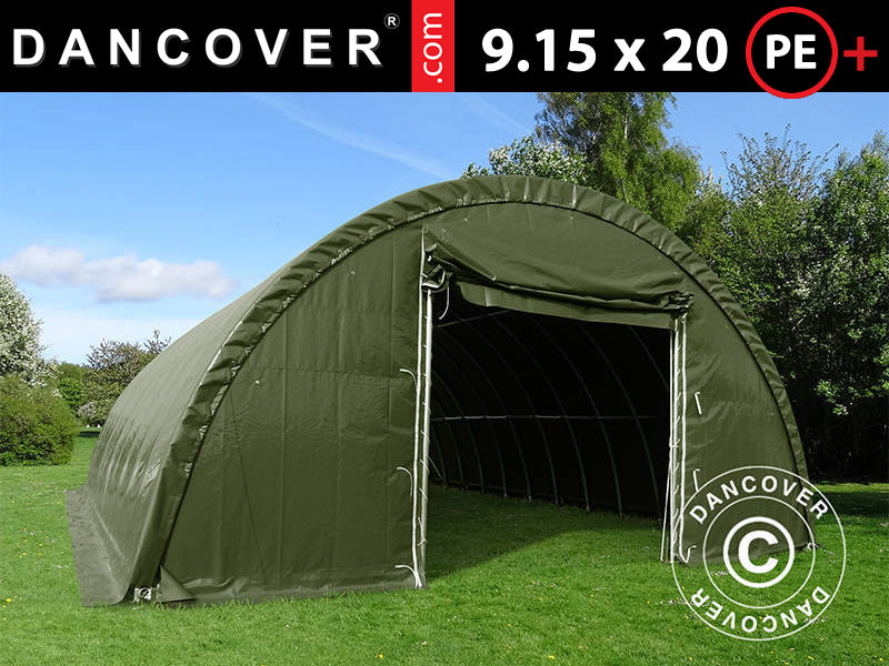 Rundbuehal/Telthal 9,15x20x4,5m, PE m/ovenlys, Grøn