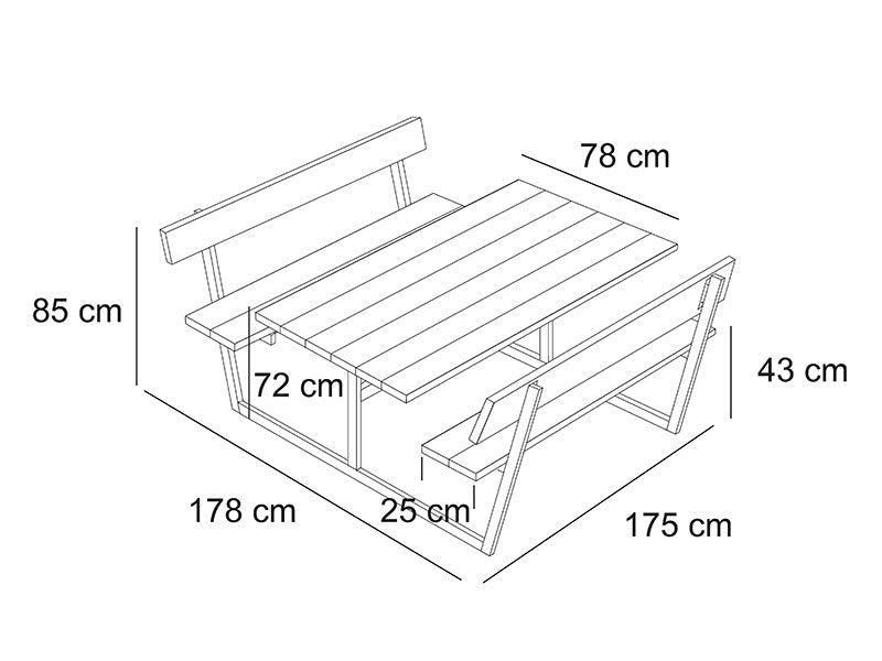 Bord/bænkesæt m/ryglæn, 1,8x1,75x0,85m, Sort