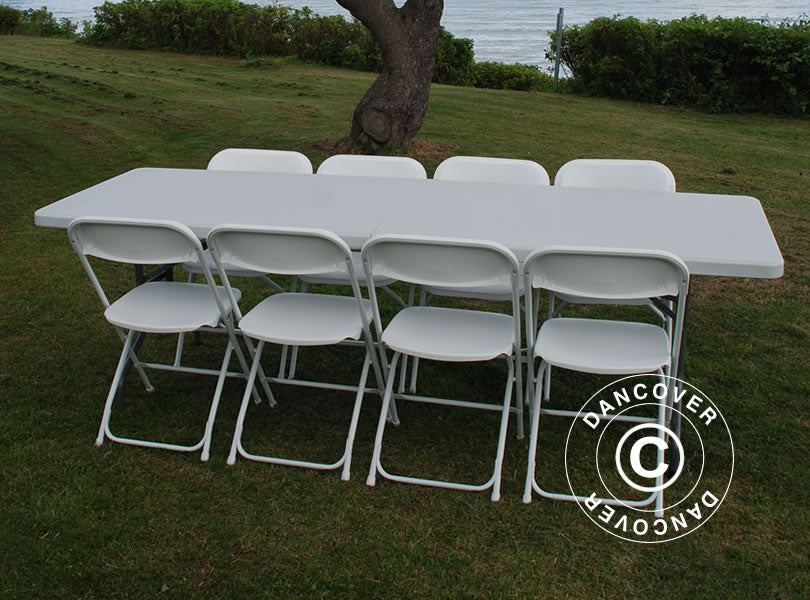 Festpakke, 1 klapbord (240cm) + 8 stole, Lysegrå/Hvid