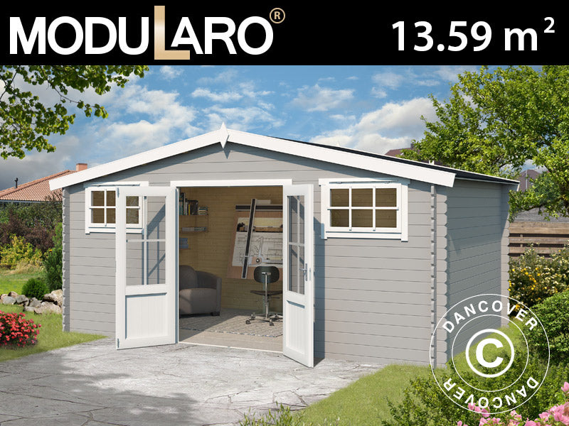 Redskabsskur, anneks i træ Sandvika 4,8x2,92x2,45m, 28mm, 13,59m², Lysegrå