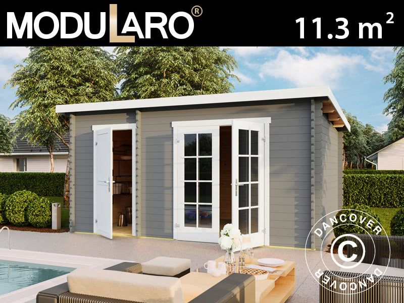 Redskabsskur i træ, anneks Riga 4,25x2,8x2,22m, 34mm, 11,3m², Lysegrå