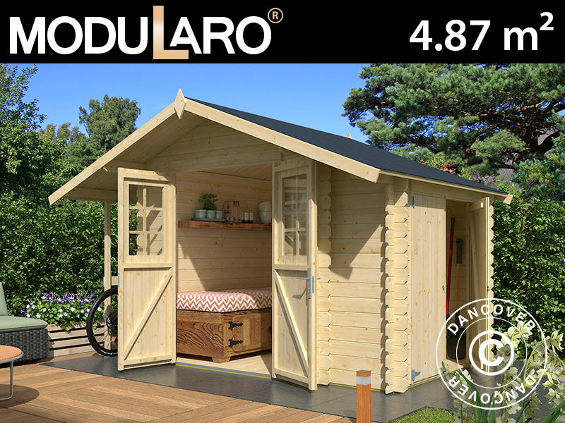 Redskabsskur i træ Moss m/udhæng, 3,2x2x2,28m, 19mm, 4,87m², Natur