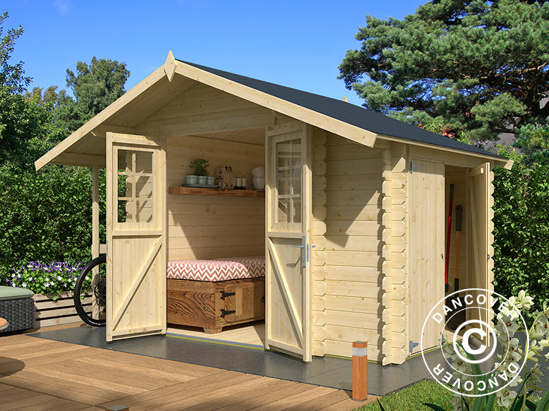 Redskabsskur i træ Moss m/udhæng, 3,2x2x2,28m, 19mm, 4,87m², Natur