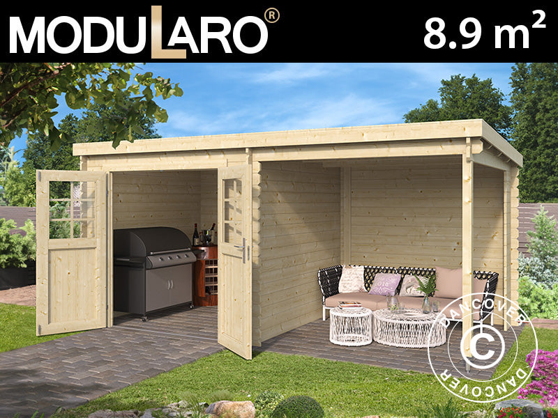 Redskabsskur i træ Lahti m/udhæng 4,24x2,2x2m, 28mm, 8,9m², Natur