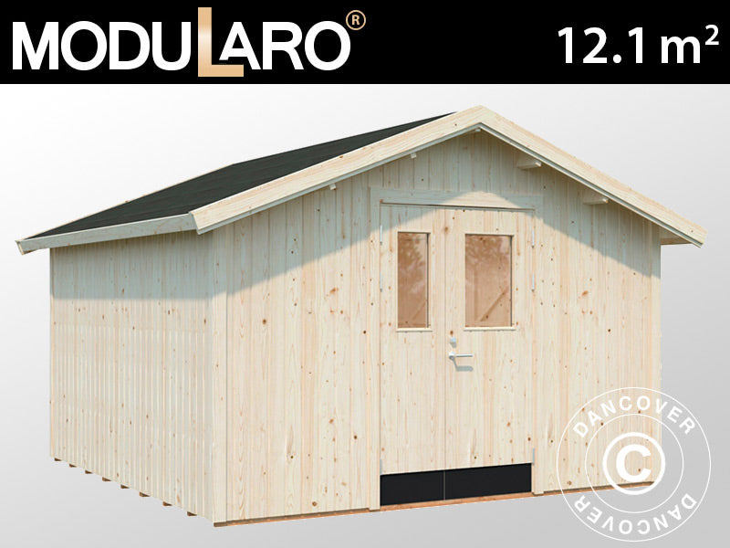 Redskabsskur i træ m/gulv, 3,48x3,54x2,59m, 12,1m², Natur