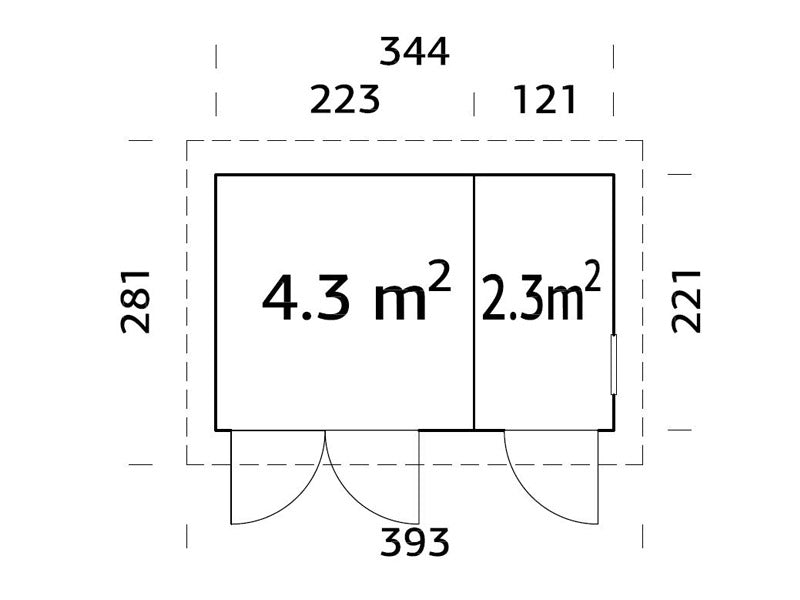 Redskabsskur i træ m/gulv, 3,44x2,21x2,49m, 6,6m², Natur