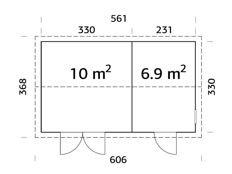 Redskabsskur i træ m/gulv, 5,61x3,3x2,61m, 16,9m², Natur