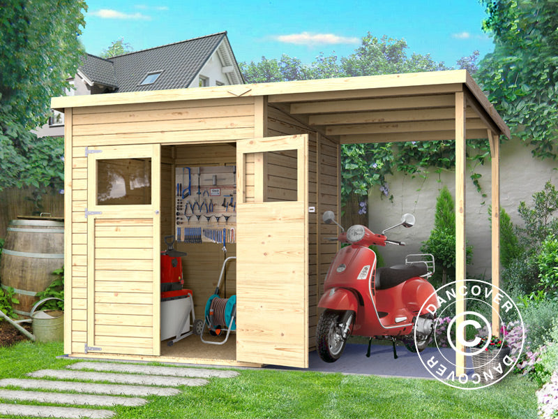 Redskabsskur i træ m/udhæng, Bertilo Amrum 2 Plus, 3,23x1,8x2,1m, 2,78m² + 3,03m²