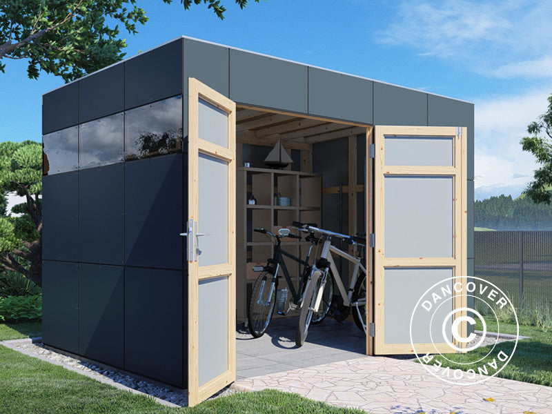 Redskabsskur i træ, Bertilo HPL 2, 3,45x2,28x2,3m, 7,86m², Antracit/Grå