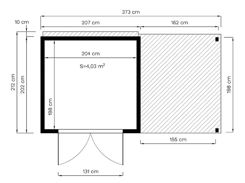 Redskabsskur i træ m/udhæng, Bertilo Cubico 3Plus, 3,73x2,02x2,08m, 4,3m²+1,5m², Natur