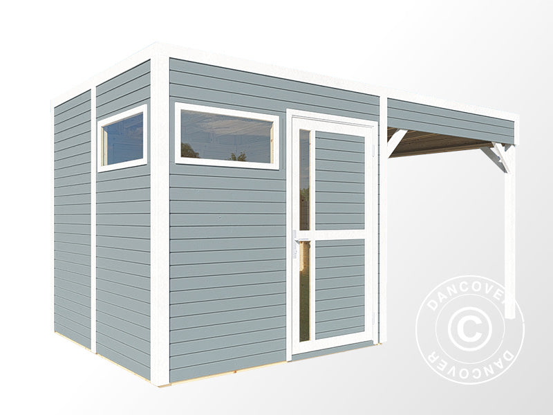 Redskabsskur i træ m/udhæng, Bertilo Cubus 2L, 4,49x2,34x2,32m, 5,1m²+ 5,15m², Grå