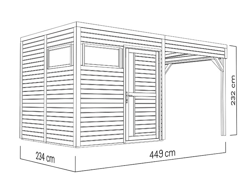 Redskabsskur i træ m/udhæng, Bertilo Cubus 2L, 4,49x2,34x2,32m, 5,1m²+ 5,15m², Grå