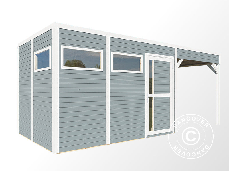 Redskabsskur i træ m/udhæng, Bertilo Cubus 3L, 5,58x2,34x2,32m, 7,65m²+5,15m², Grå