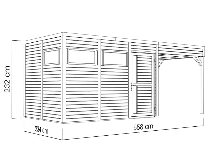 Redskabsskur i træ m/udhæng, Bertilo Cubus 3L, 5,58x2,34x2,32m, 7,65m²+5,15m², Grå