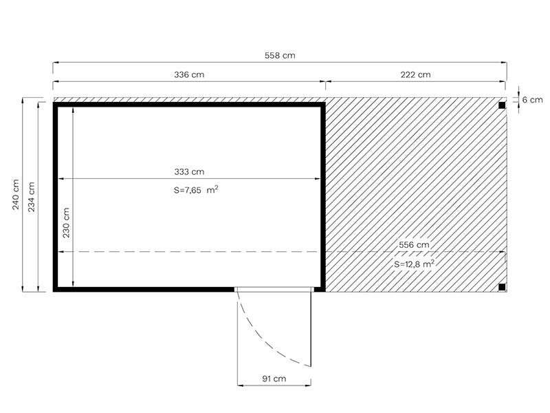 Redskabsskur i træ m/udhæng, Bertilo Cubus 3L, 5,58x2,34x2,32m, 7,65m²+5,15m², Grå