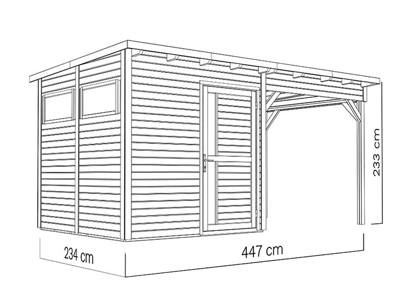Redskabsskur i træ m/udhæng, Bertilo Pentus 2L, 4,49x2,34x2,33m, 5,1m²+5,1m², Natur