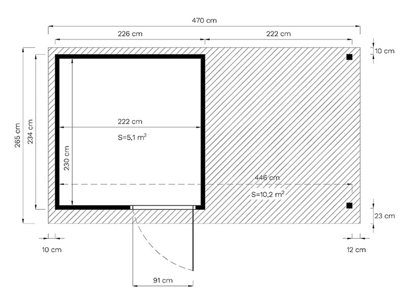 Redskabsskur i træ m/udhæng, Bertilo Pentus 2L, 4,49x2,34x2,33m, 5,1m²+5,1m², Natur