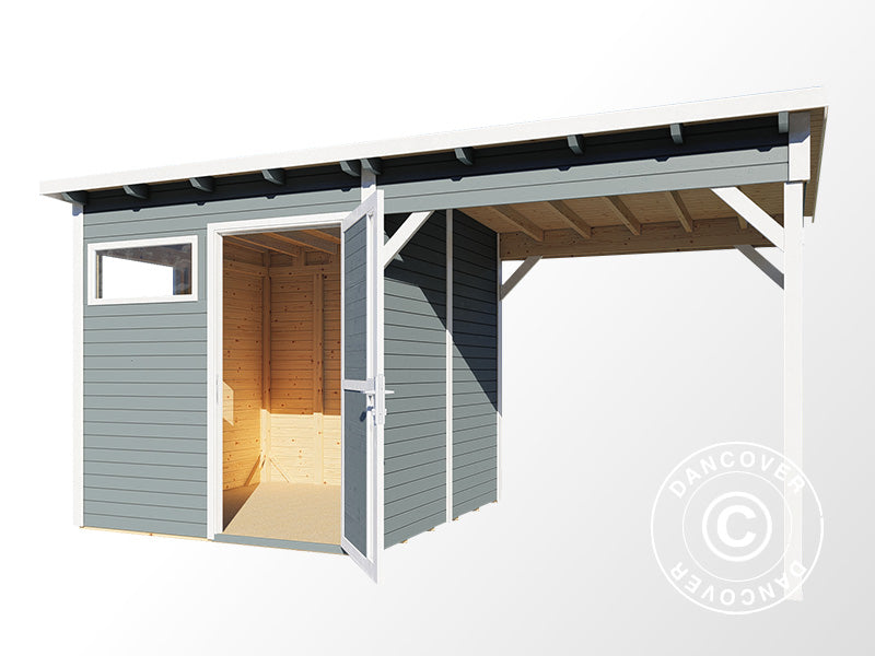 Redskabsskur i træ m/udhæng, Bertilo Pentus 2L, 4,49x2,34x2,33m, 5,1m²+5,1m², Grå