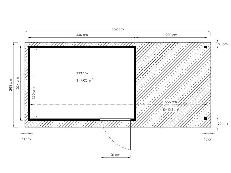 Redskabsskur i træ m/udhæng, Bertilo Pentus 3L, 5,58x2,34x2,33m, 7,65m²+5,15m², Grå