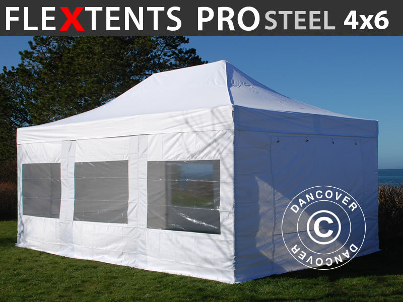 Foldetelt FleXtents PRO Steel 4x6m Hvid, inkl. 8 sider