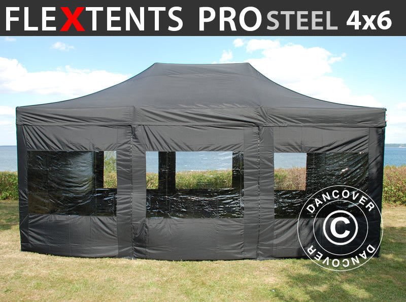 Foldetelt FleXtents PRO Steel 4x6m Sort, inkl. 8 sider