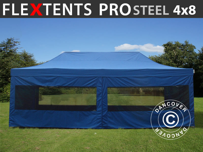Foldetelt FleXtents PRO Steel 4x8m Blå, inkl. 6 sider
