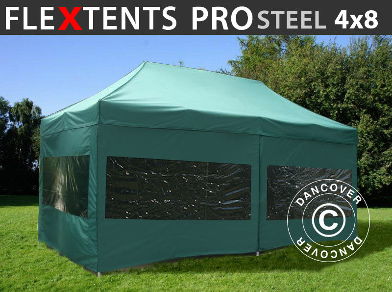 Foldetelt FleXtents PRO Steel 4x8m Grøn, inkl. 6 sider